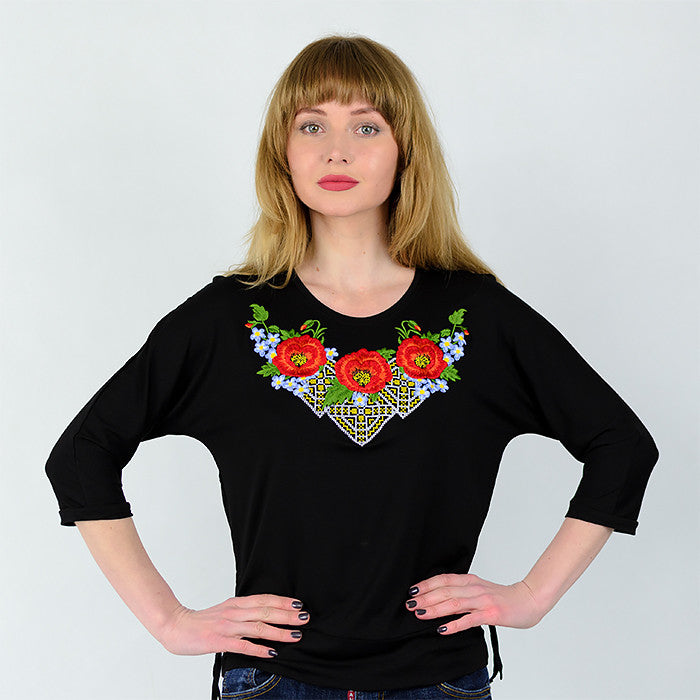 Sizes M,L. Elegant Black Blouse with Red Poppy Embroidery – Ukrainian Folk Boho Style