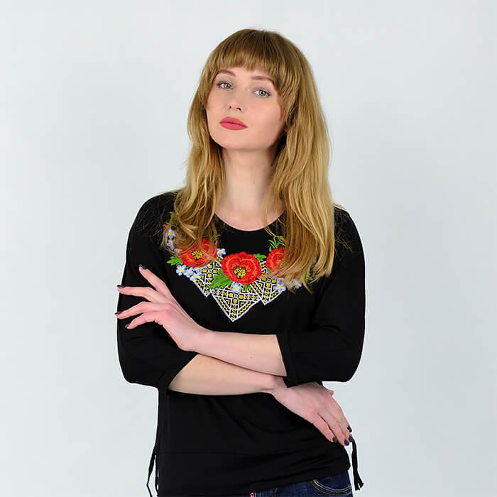 Sizes M,L. Elegant Black Blouse with Red Poppy Embroidery – Ukrainian Folk Boho Style