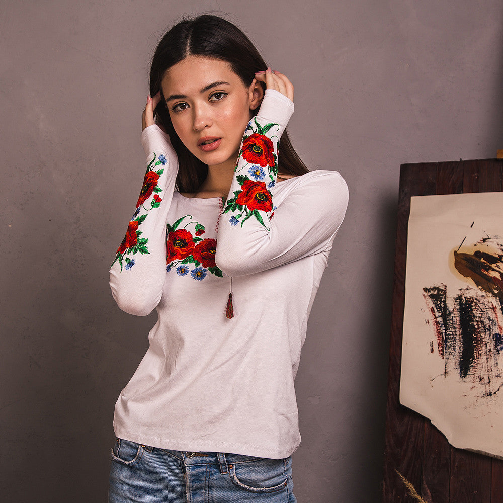 Sizes M,XL,XXL. White Floral Embroidered T-Shirt – Bohemian Ukrainian Blouse with Poppy and Mexican Botanical Folk Design