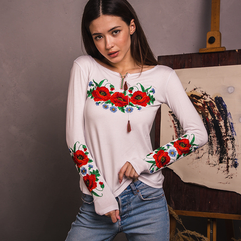 Sizes M,XL,XXL. White Floral Embroidered T-Shirt – Bohemian Ukrainian Blouse with Poppy and Mexican Botanical Folk Design
