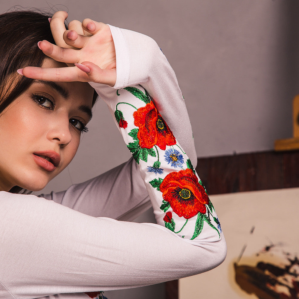 Sizes M,XL,XXL. White Floral Embroidered T-Shirt – Bohemian Ukrainian Blouse with Poppy and Mexican Botanical Folk Design