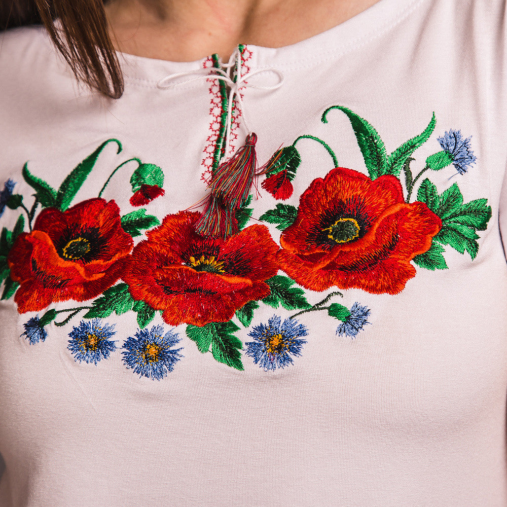 Sizes M,XL,XXL. White Floral Embroidered T-Shirt – Bohemian Ukrainian Blouse with Poppy and Mexican Botanical Folk Design