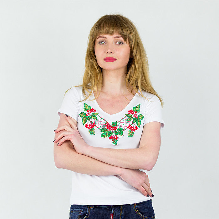 Size S. Women's White Embroidered Tee with Viburnum - Boho Gardener Shirt - Chic Boho Top