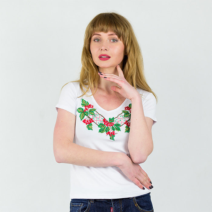 Size S. Women's White Embroidered Tee with Viburnum - Boho Gardener Shirt - Chic Boho Top