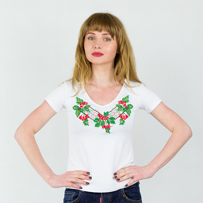 Size S. Women's White Embroidered Tee with Viburnum - Boho Gardener Shirt - Chic Boho Top