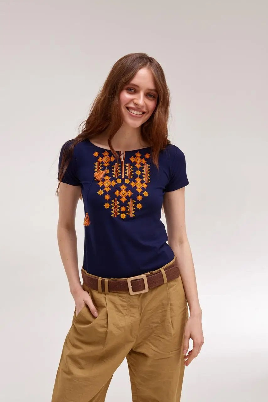 Sizes S-L,2XL. Ethnic Navy Blue T-Shirt with Golden Embroidery – Boho Chic Top