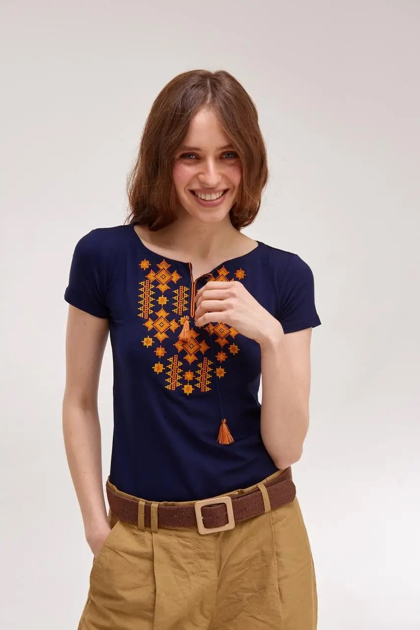 Sizes S-L,2XL. Ethnic Navy Blue T-Shirt with Golden Embroidery – Boho Chic Top