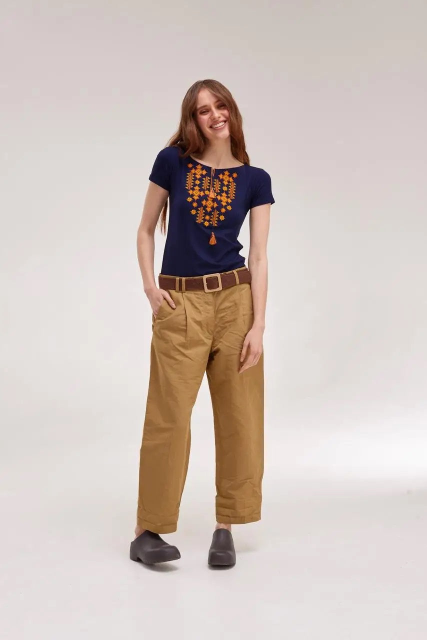Sizes S-L,2XL. Ethnic Navy Blue T-Shirt with Golden Embroidery – Boho Chic Top