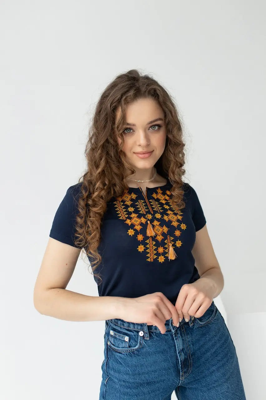 Sizes S-L,2XL. Ethnic Navy Blue T-Shirt with Golden Embroidery – Boho Chic Top