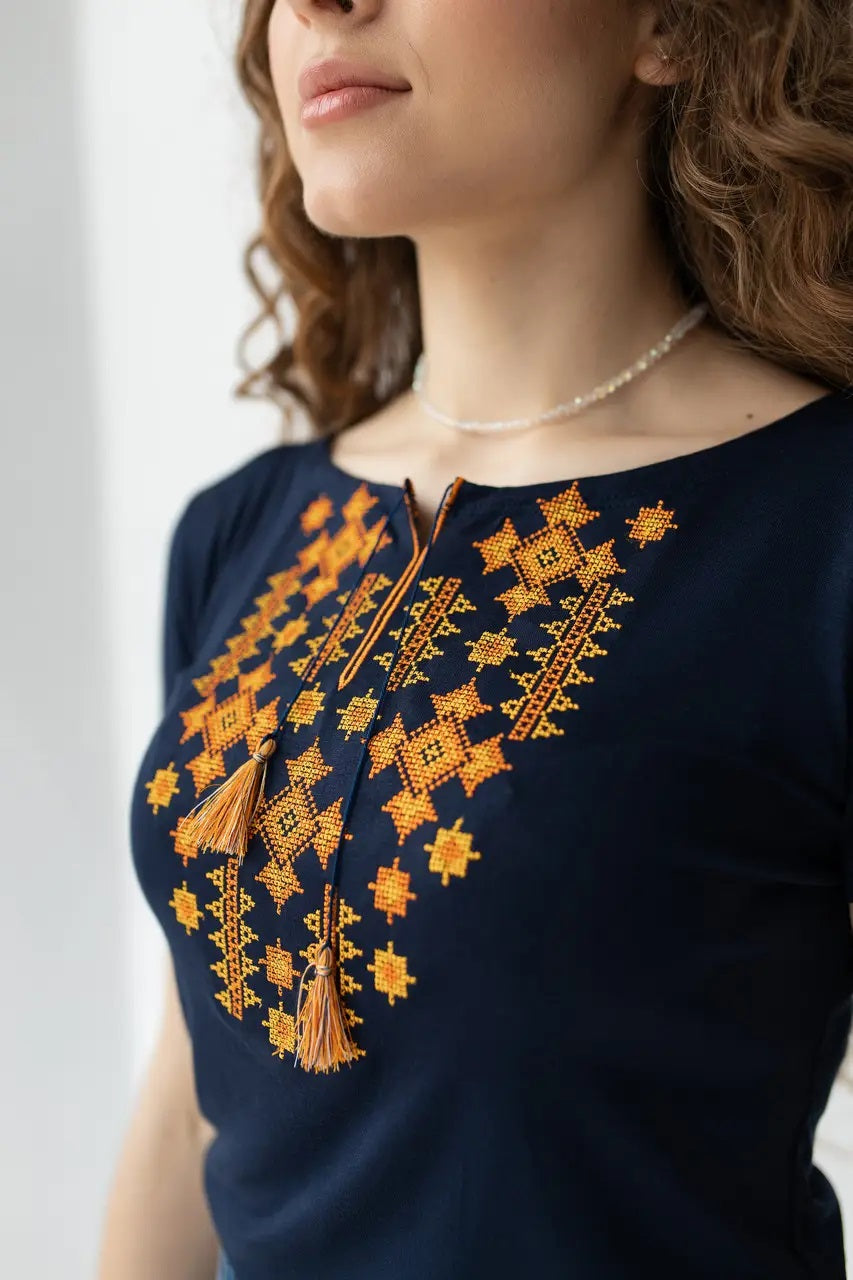Sizes S-L,2XL. Ethnic Navy Blue T-Shirt with Golden Embroidery – Boho Chic Top