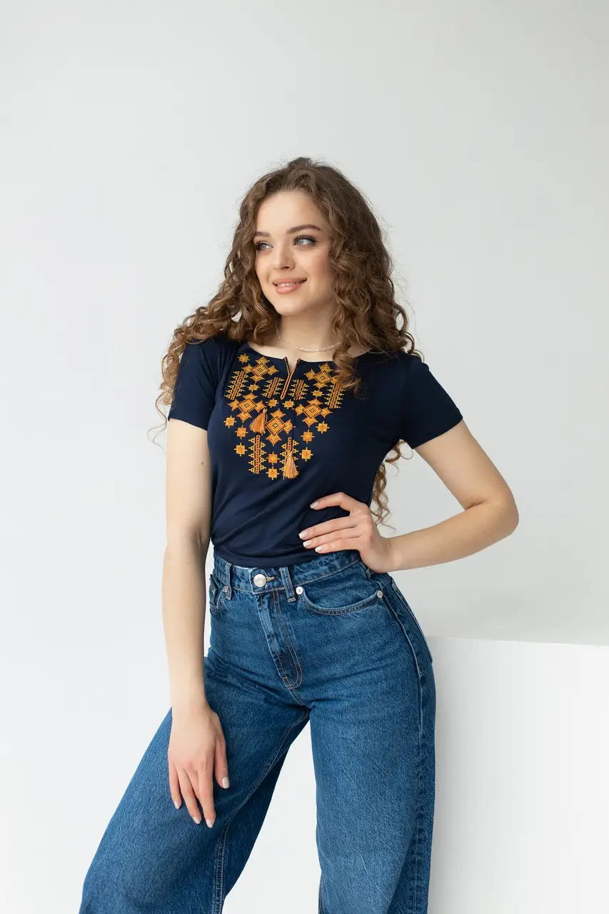 Sizes S-L,2XL. Ethnic Navy Blue T-Shirt with Golden Embroidery – Boho Chic Top