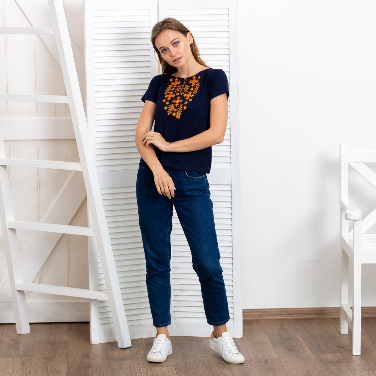 Sizes S-L,2XL. Ethnic Navy Blue T-Shirt with Golden Embroidery – Boho Chic Top