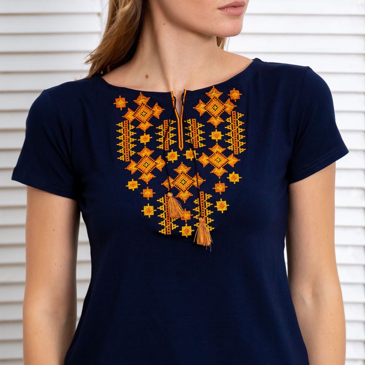 Sizes S-L,2XL. Ethnic Navy Blue T-Shirt with Golden Embroidery – Boho Chic Top