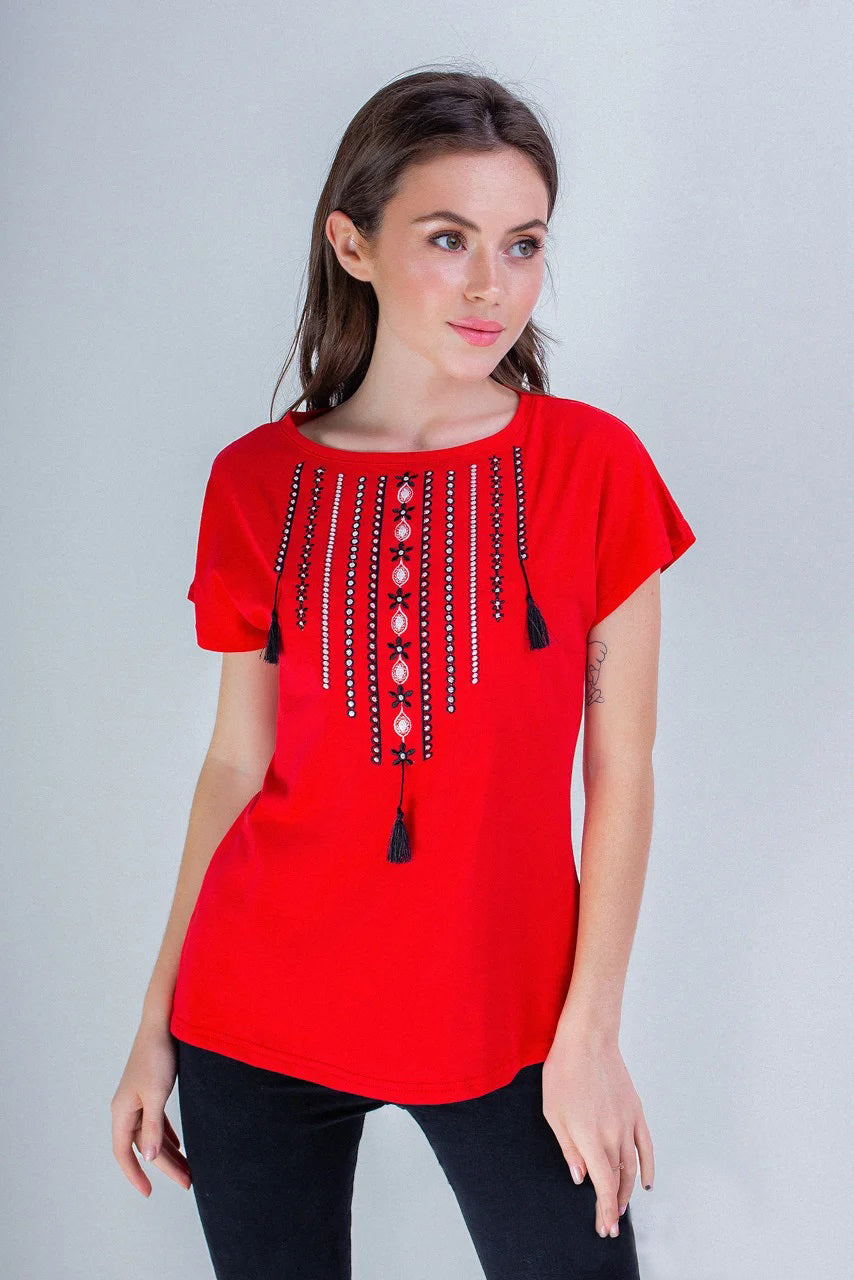 Sizes S-2XL. Gypsy Boho Red Embroidered Blouse – Ethnic Tassel Design Short Sleeve Top for Women