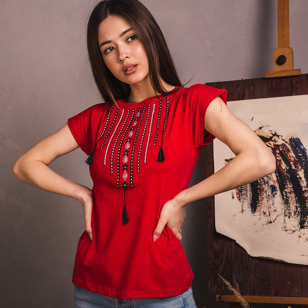 Sizes S-2XL. Gypsy Boho Red Embroidered Blouse – Ethnic Tassel Design Short Sleeve Top for Women