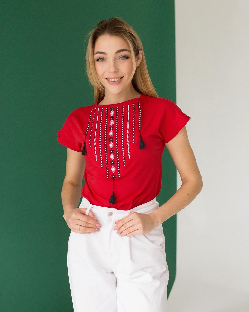 Sizes S-2XL. Gypsy Boho Red Embroidered Blouse – Ethnic Tassel Design Short Sleeve Top for Women