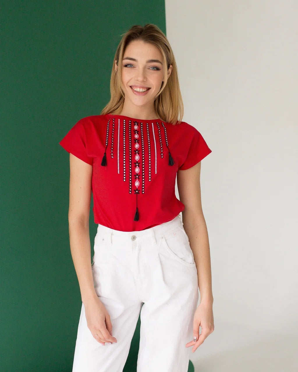 Sizes S-2XL. Gypsy Boho Red Embroidered Blouse – Ethnic Tassel Design Short Sleeve Top for Women