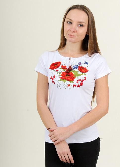 Size S. White Boho Embroidered T-Shirt - Ukrainian Vyshyvanka with Red Poppies and Blue Cornflowers