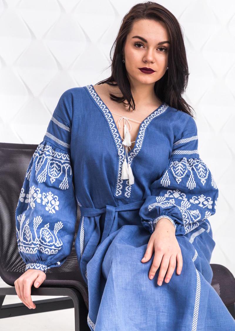 Size 4US/S! Boho Hippie Dress - Elegant Blue Linen Embroidered Dress - Bohemian Chic Maxi Kaftan