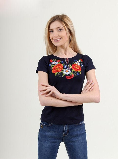 Size S. Mexican botanical embroidery t-shirt - Navy Fitted Blouse with Vibrant Poppy and Daisy Embroidery