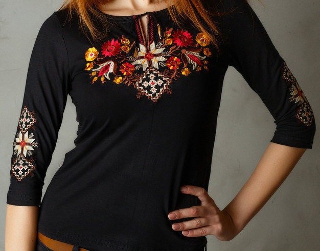 Size S-5XL. Black Folk Blouse with Burgundy and Orange Floral Embroidery