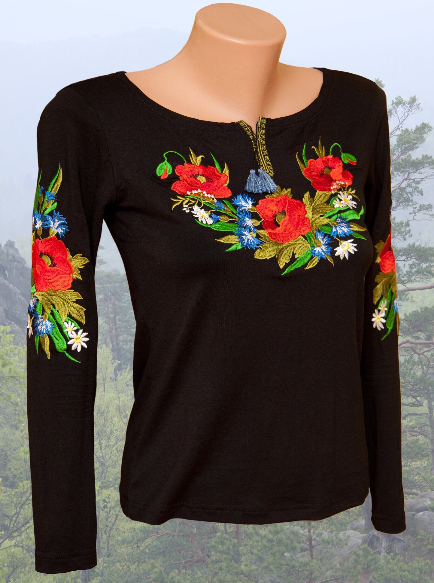 Sizes S,M,L. Women's Folk Black Blouse - Boho Embroidered Tee - Casual Fashion Top - Elegant Women's T-Shirt - Stylish Black Shirt