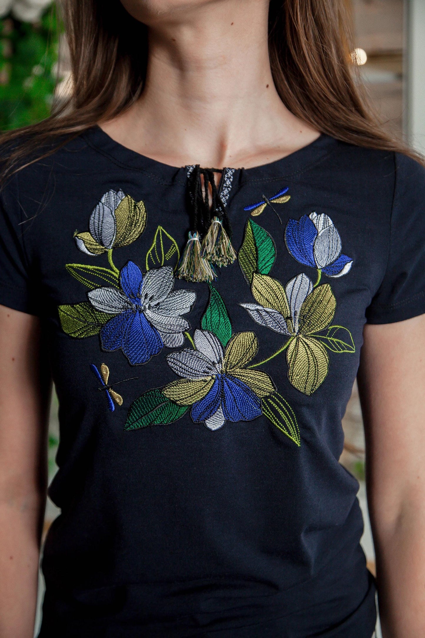 Size S. Navy Mexican Embroidered T-Shirt - Botanical Floral Embroidery Top
