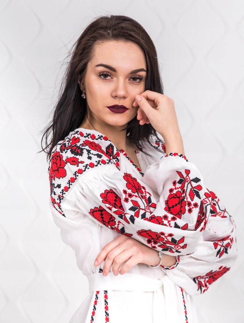 Size 6US/38EU! White Linen Embroidered Dress – Ukrainian Boho Folk Long Sleeve Dress with Red Floral Motif