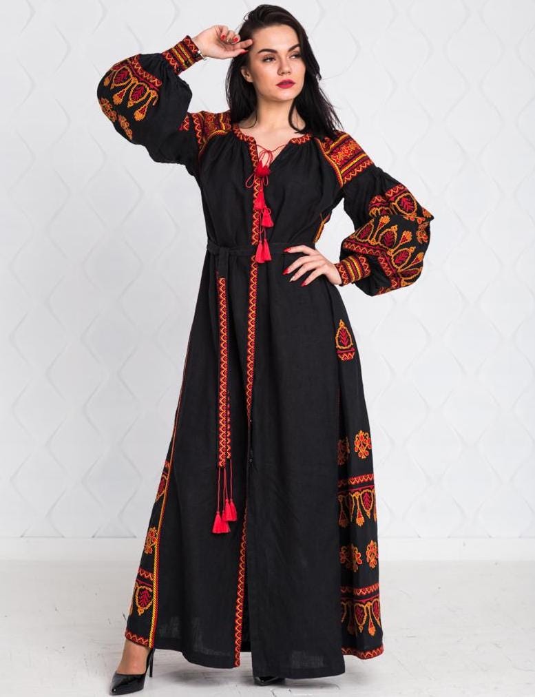 Size 8US/S! Bohemian Lux Wrap. Folk Nouveau Abaya. Chic Nationale Caftan. Embroidered Ukrainian Dress. Fashion Vyshyvanka Style. Black Boho Dress
