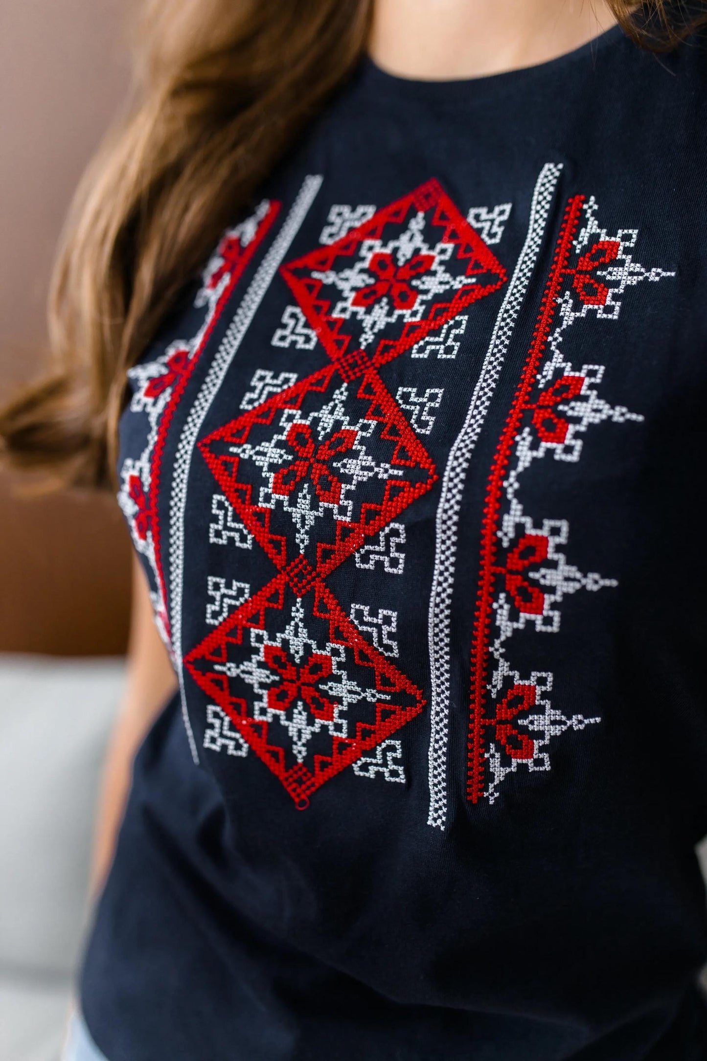 Size S. Slavic Embroidered Top - Navy Blue Embroidered T-Shirt