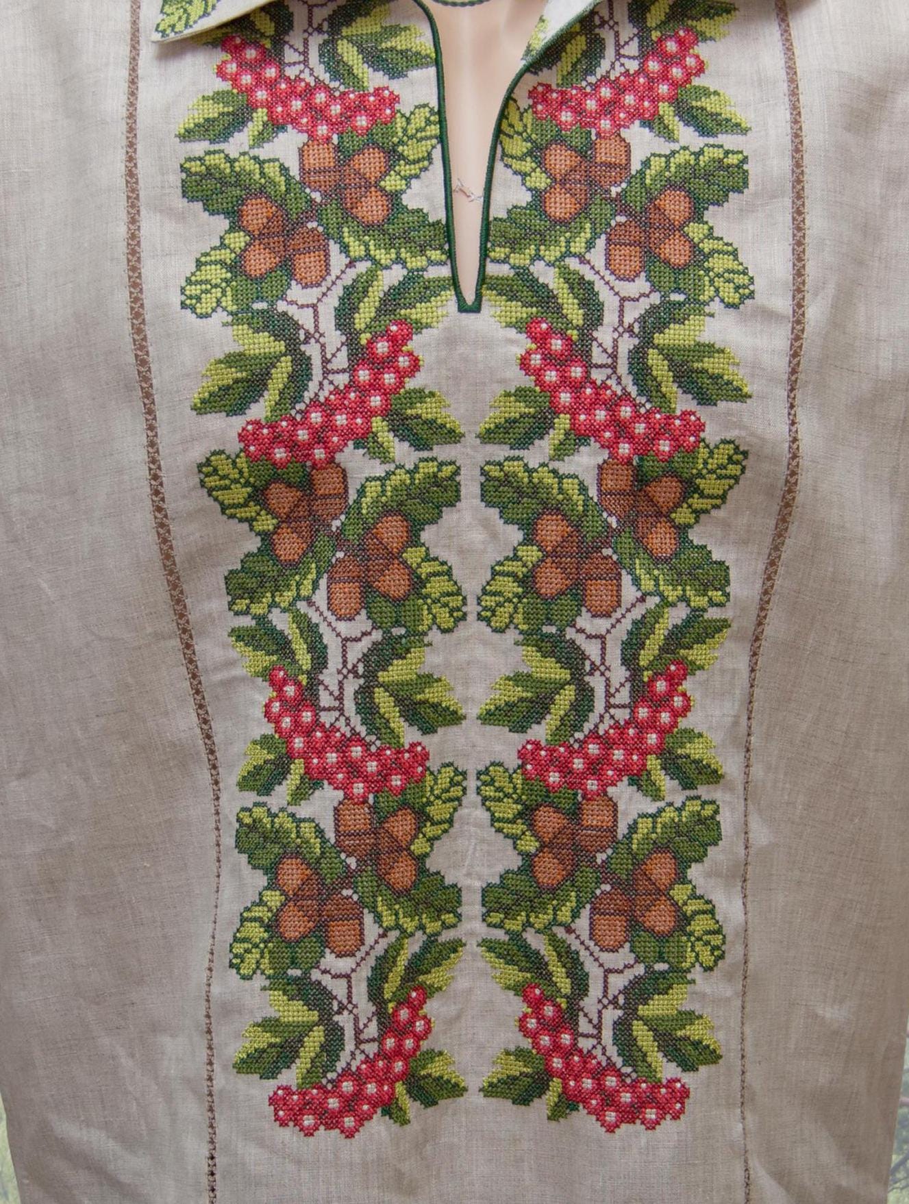 Size L! Linen Ukrainian Men's Embroidered Shirt – "Oak & Viburnum" Botanical Vyshyvanka with Long Sleeves and Traditional Design