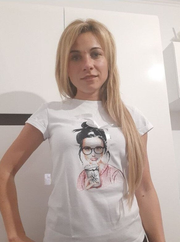 Sizes L,XXL. Casual Cute T-Shirt - White T-shirt with embroidered coffee girl illustration and bow