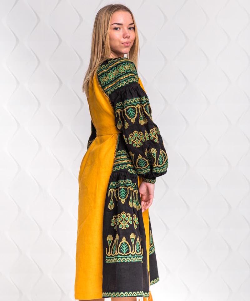 Size S! Mustard Boho Dress - Embroidered Linen Ukrainian Kaftan - Bohemian Chic Traditional Dress - Mexican Ethnic Outfit