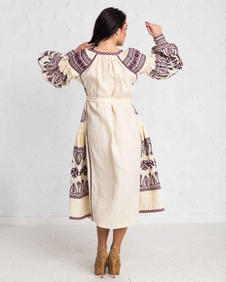Size 12US. Embroidered Linen Boho Dress – Purple Folk Chic Women's Outfit