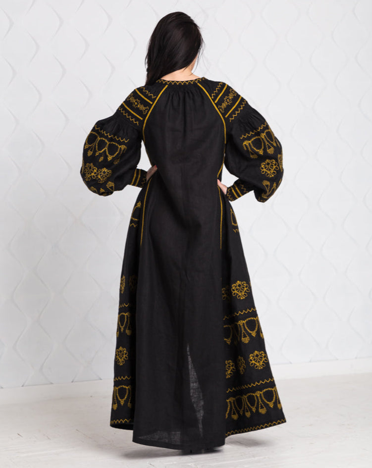 Size 10US. Elegant Black Boho Linen Embroidered Dress - Timeless Bohemian Maxi Wrap