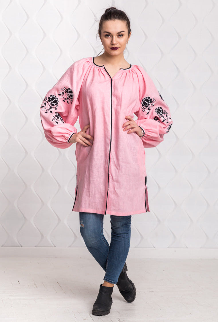 Size 6US. Pink Linen Tunic with Black Embroidery - Boho-Chic Style