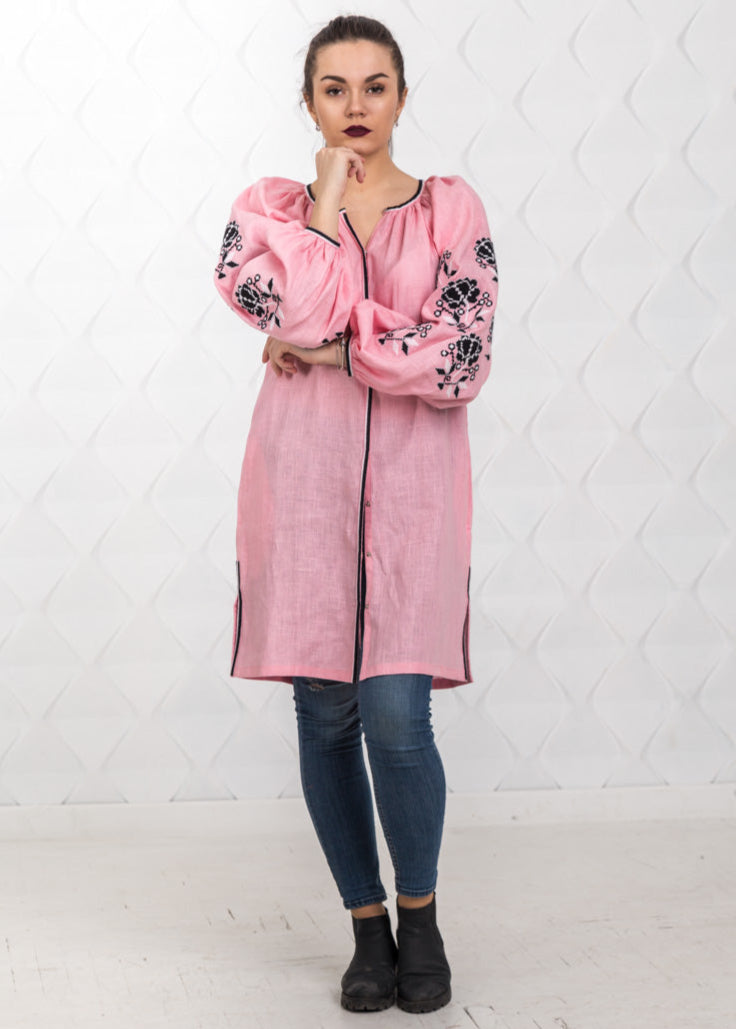 Size 6US. Pink Linen Tunic with Black Embroidery - Boho-Chic Style