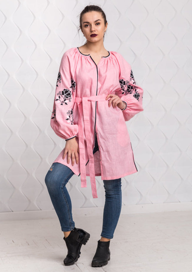 Size 6US. Pink Linen Tunic with Black Embroidery - Boho-Chic Style
