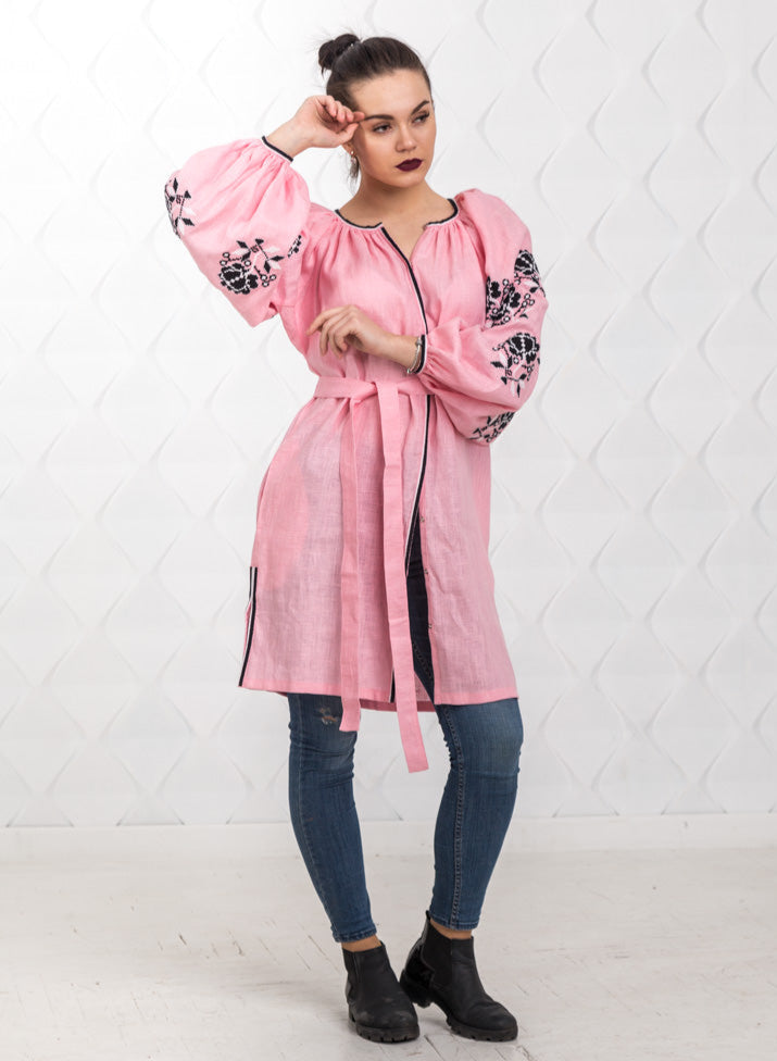 Size 6US. Pink Linen Tunic with Black Embroidery - Boho-Chic Style
