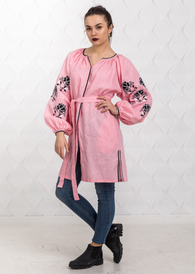 Size 6US. Pink Linen Tunic with Black Embroidery - Boho-Chic Style