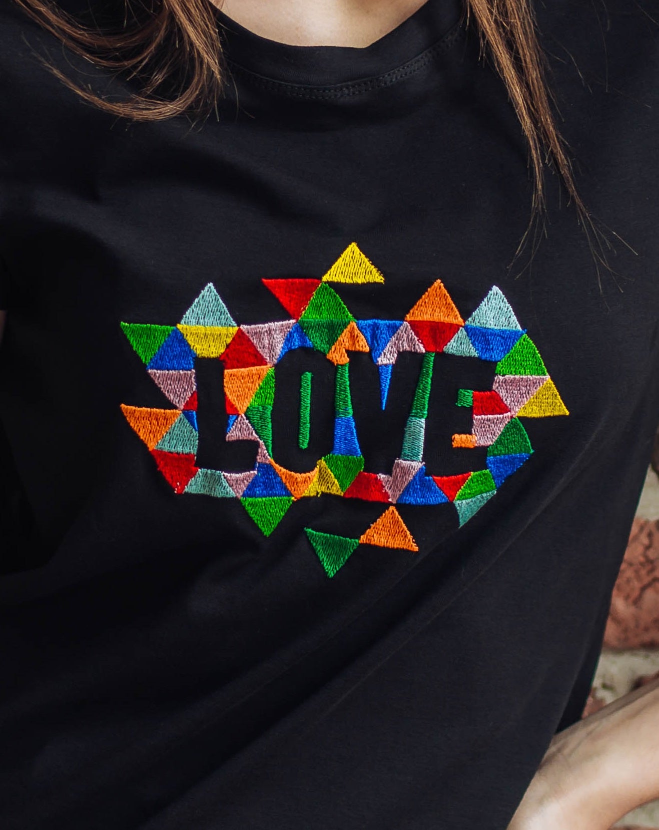 Size XXL. LOVE Embroidered Black T-Shirt – Colorful Geometric Mosaic Design Tee for Women