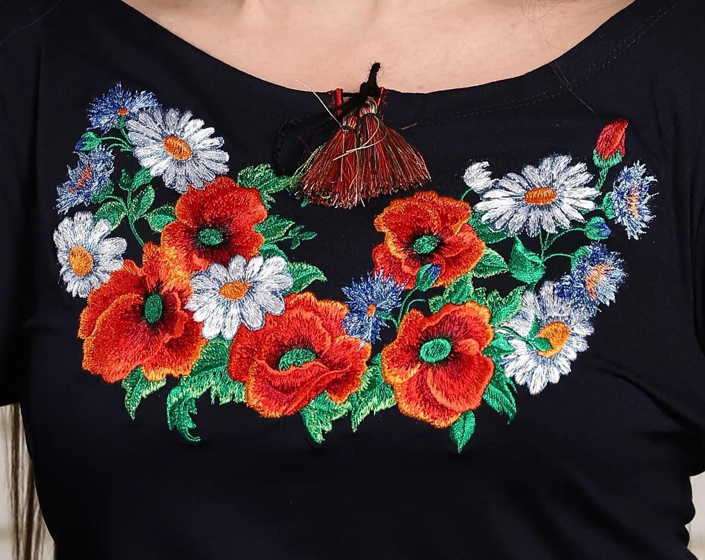 Size M. Navy Floral Tee with Poppies and Daisies - Ukrainian Embroidery Top