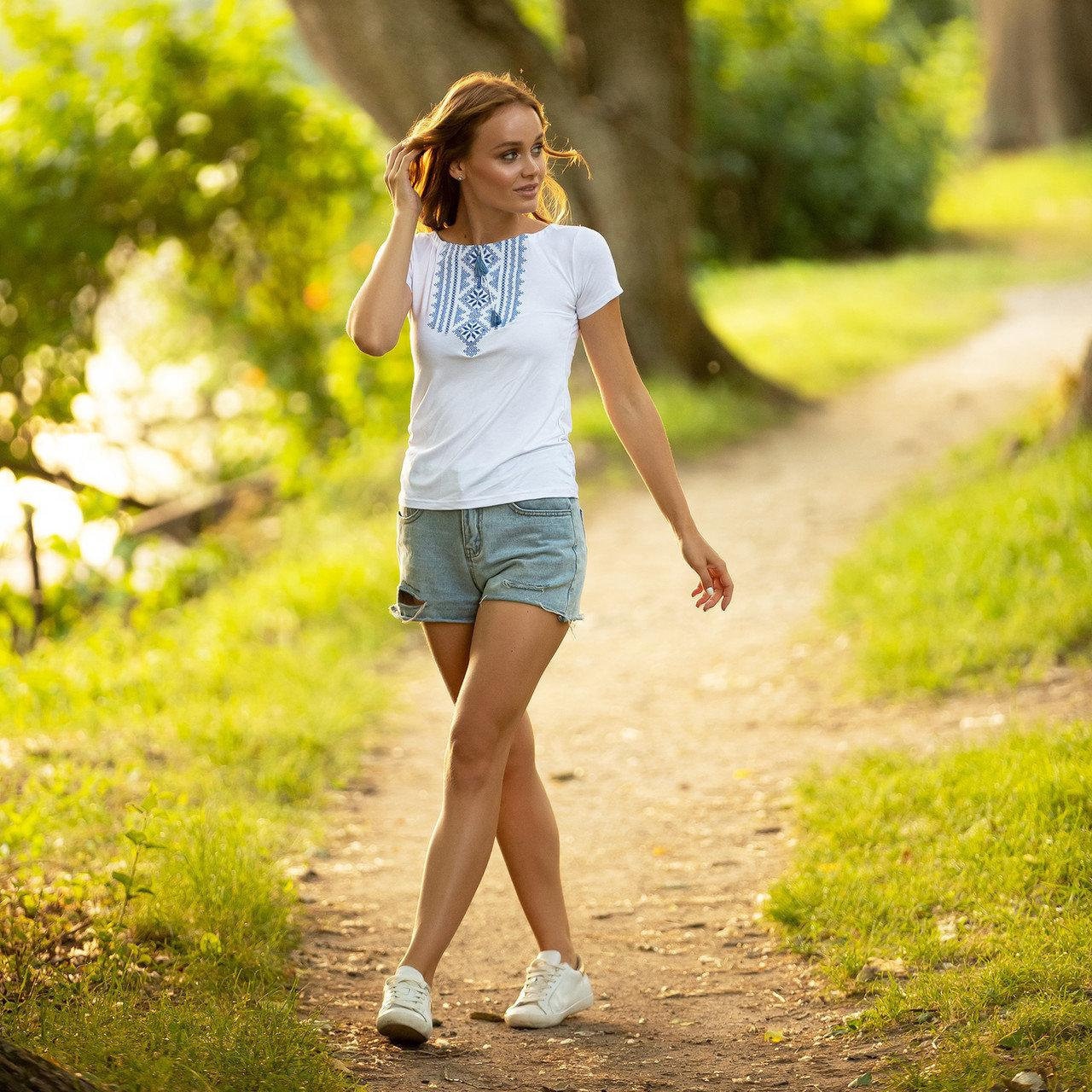 Sizes S-3XL. White Boho T-Shirt with Blue Ukrainian Cross-Stitch Embroidery – Ethnic Folk Tassel Tee with Geometric Floral Motifs