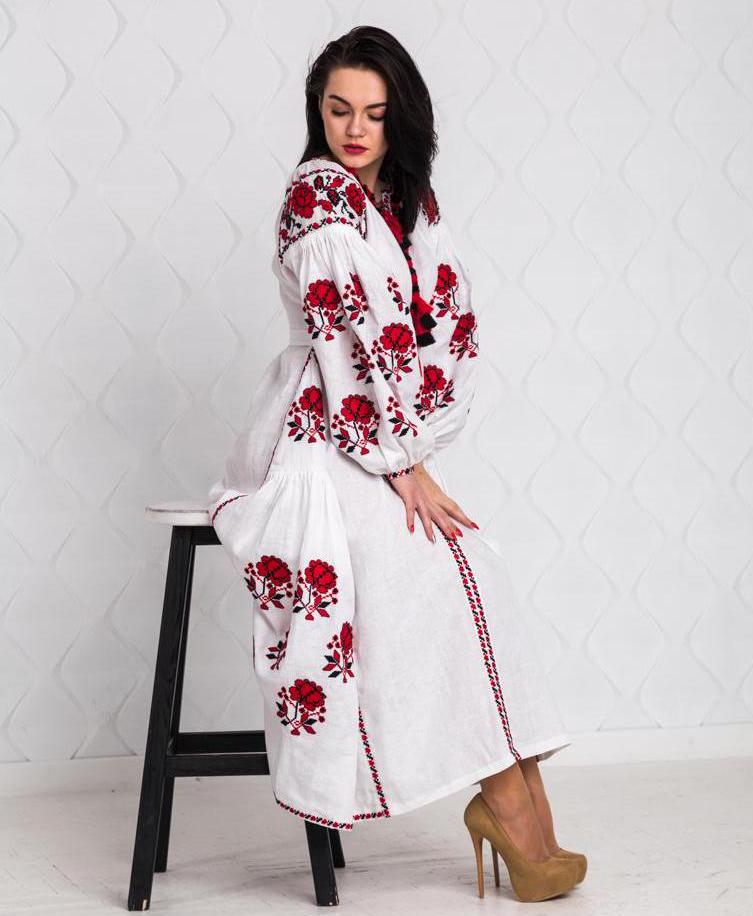 Size 8US/M! White Embroidered Maxi Dress - Bohemian Ukrainian Vyshyvanka - Traditional Folk Linen Gown