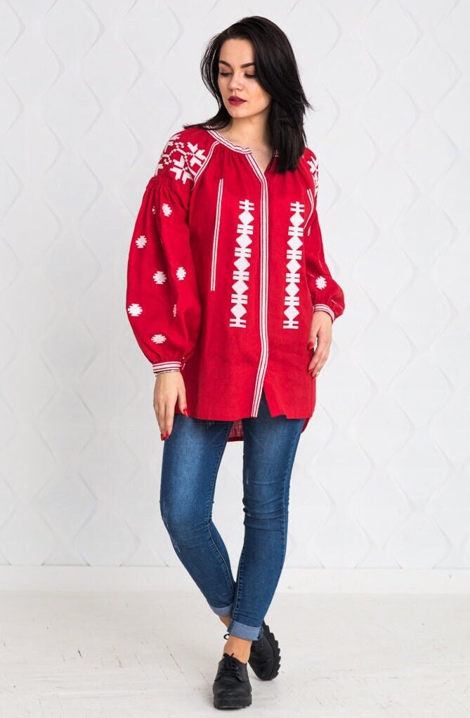 Size 8US//40EU! Red Linen Embroidered Blouse Vyshyvanka – Boho Chic Mexican Folk Top, Ethnic Bohemian Fashion