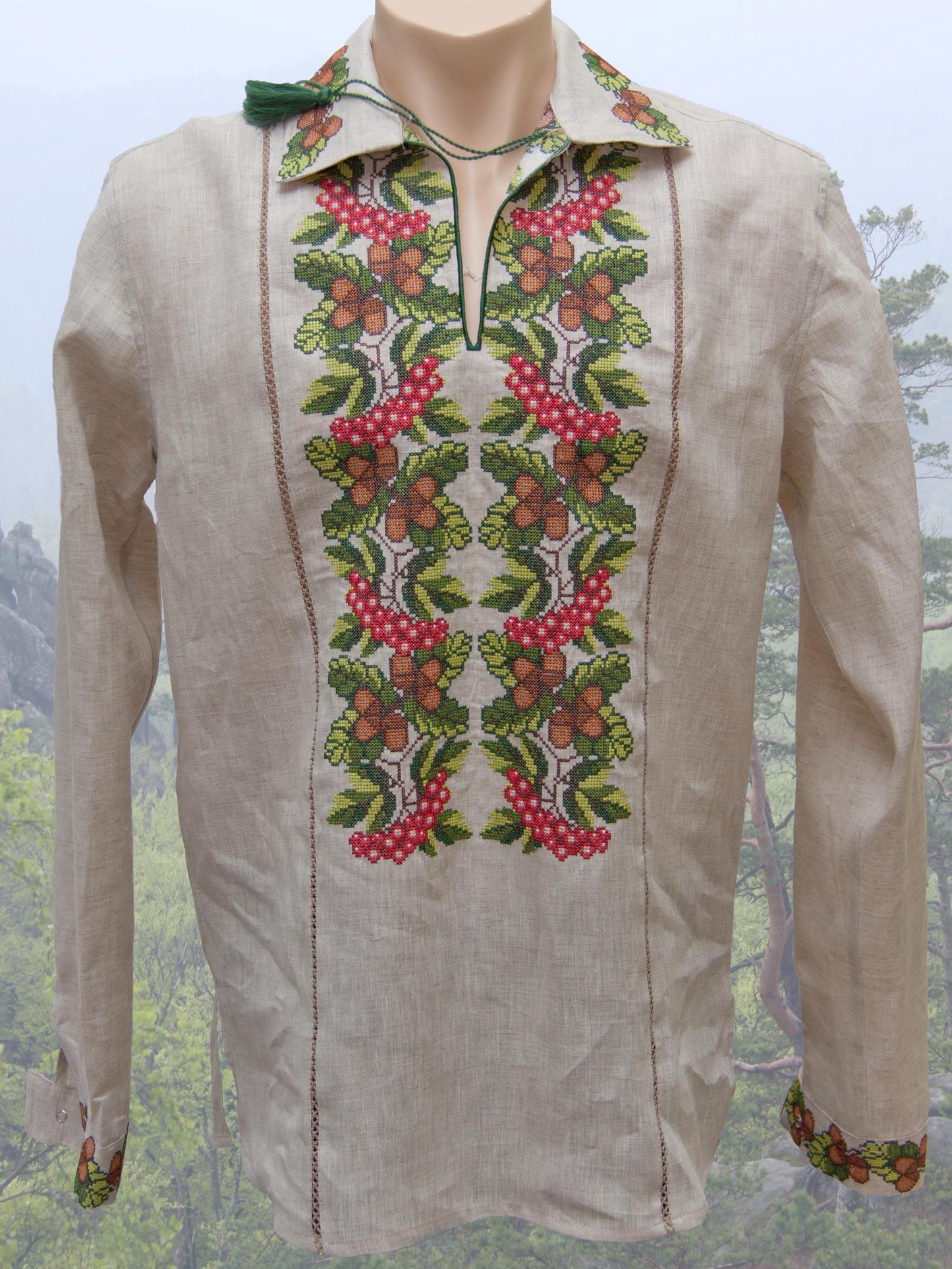 Size L! Linen Ukrainian Men's Embroidered Shirt – "Oak & Viburnum" Botanical Vyshyvanka with Long Sleeves and Traditional Design