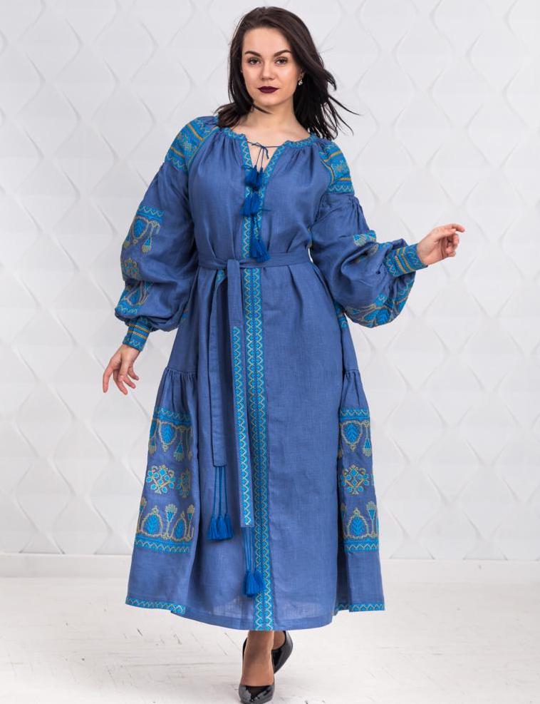 Size M! Blue Linen Embroidered Dress with Tassels - Ukrainian Folk Maxi Dress