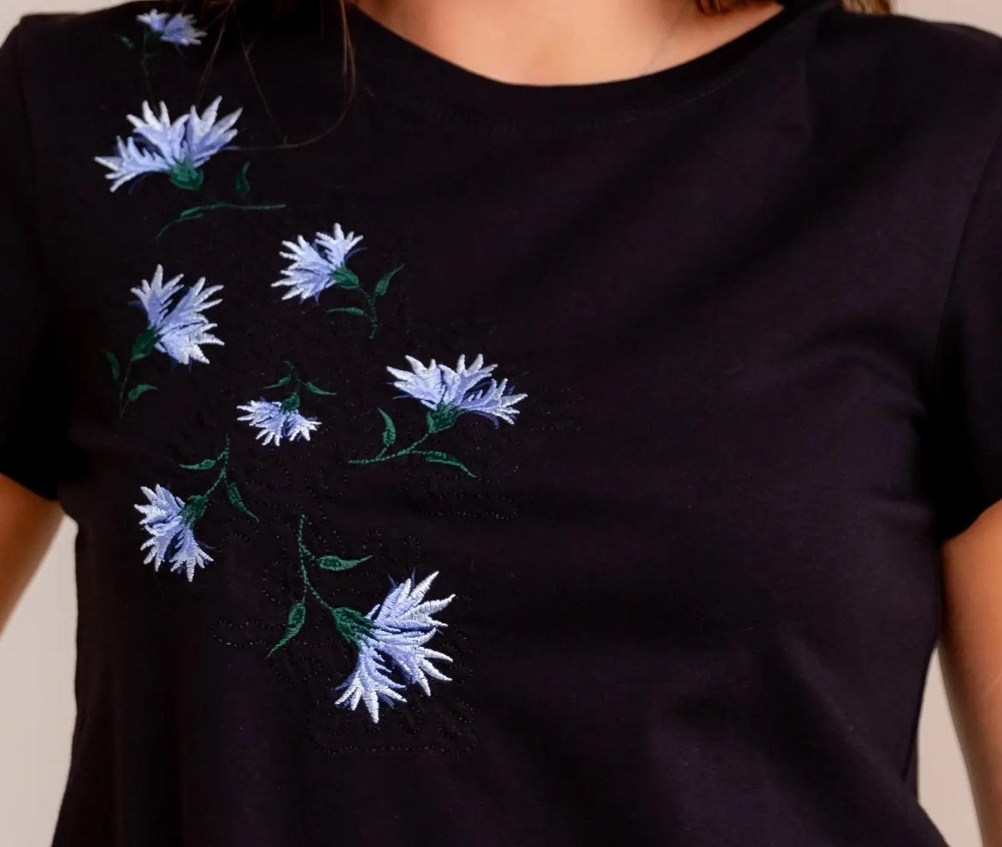 Sizes S-XL. Black Floral Embroidered T-Shirt - Women's Botanical Top