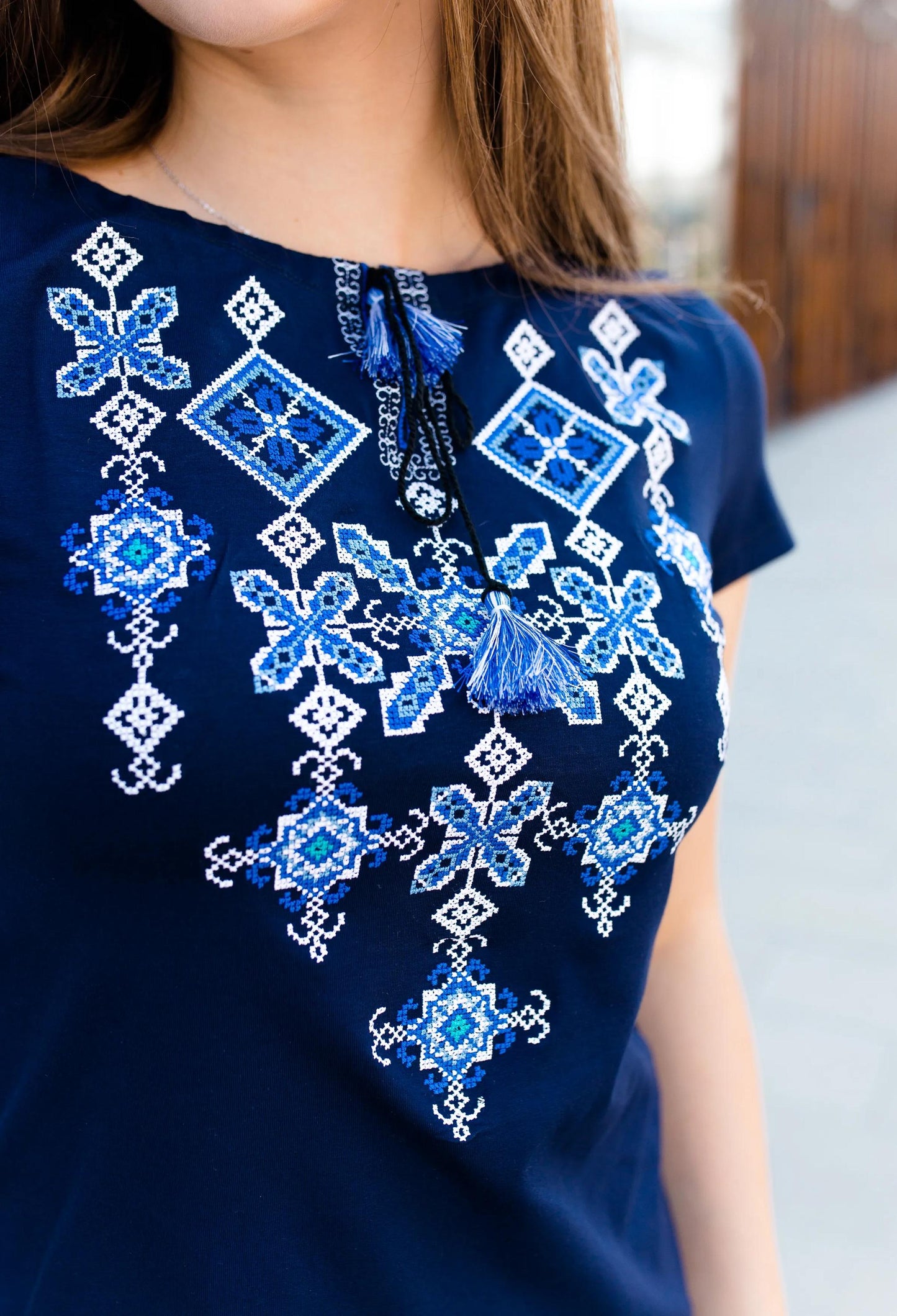 Sizes S-XL. Women's Embroidered Navy Blue T-Shirt - Short-Sleeve Boho Chic Vyshyvanka with Geometric Folk Patterns - Stylish Ethnic Slavic Shirt
