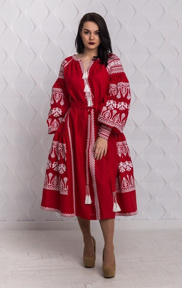 Size 6US! Embroidered Red Midi Dress - Ukrainian White Embroidery Boho Dress - Chic Stylish Midi Outfit